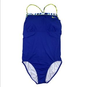 Nike Women's size 16 Blue with White Yellow Trim Racer Back One Piece Swimsuit